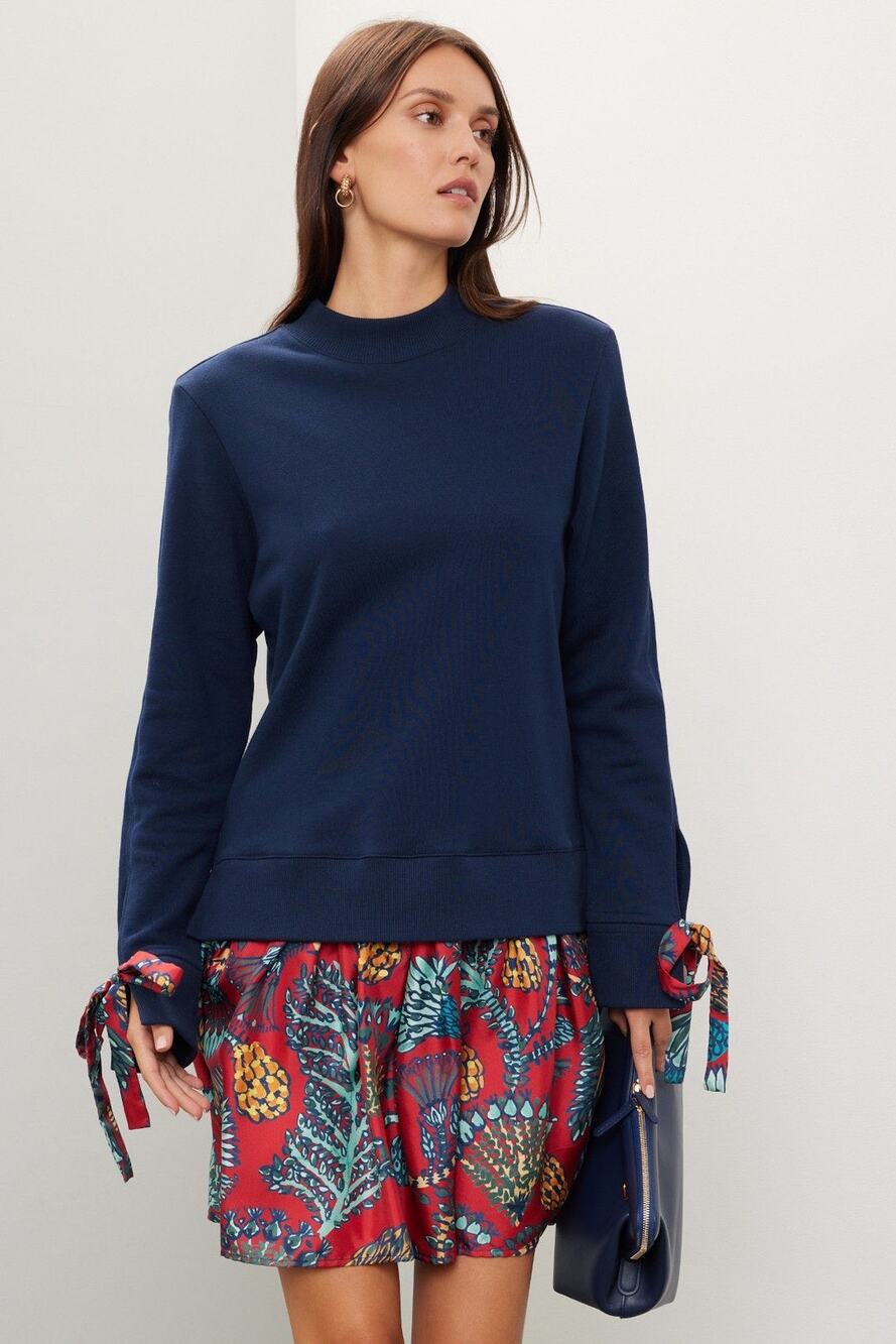 La Double J Blue Floral Long Sleeve Crewneck Tie Sleeves Sporty Dress Size Small